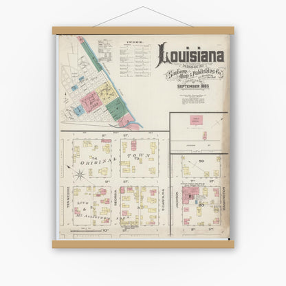 Old map wall art mockup — magnetic wood frame on white wall — Sanborn Fire Insurance Map from Louisiana, Pike County, Missouri (1885) - Complete Map Set