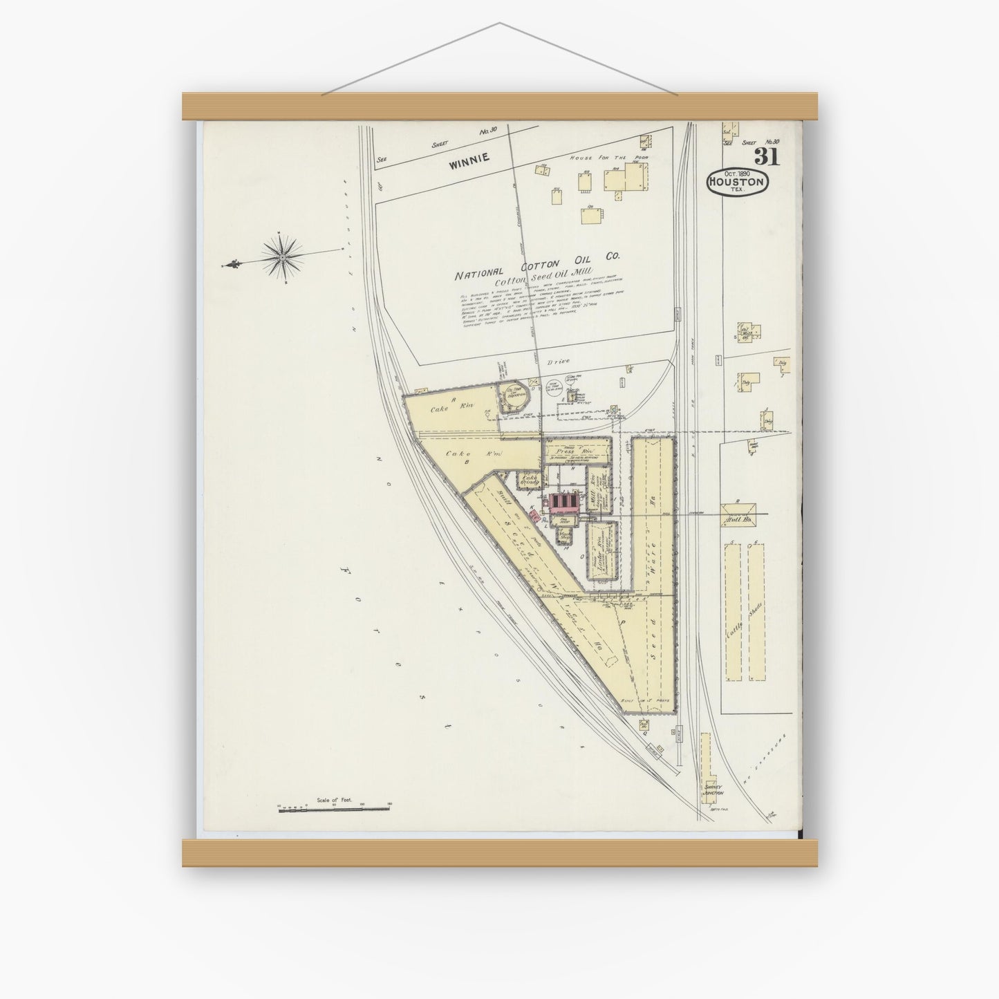 Old map wall art mockup — magnetic wood frame on white wall — Sanborn Fire Insurance Map from Houston, Harris County, Texas (1890), Sheet #0031
