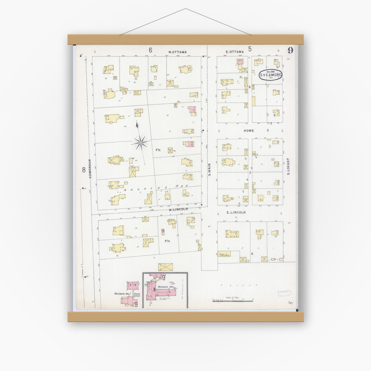 Old map wall art mockup — magnetic wood frame on white wall — Sanborn Fire Insurance Map from Sycamore, De Kalb County, Illinois (1896), Sheet #0009