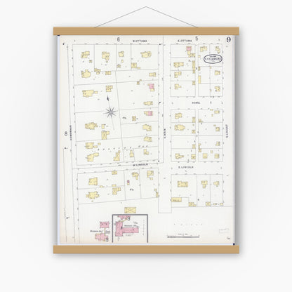 Old map wall art mockup — magnetic wood frame on white wall — Sanborn Fire Insurance Map from Sycamore, De Kalb County, Illinois (1896), Sheet #0009