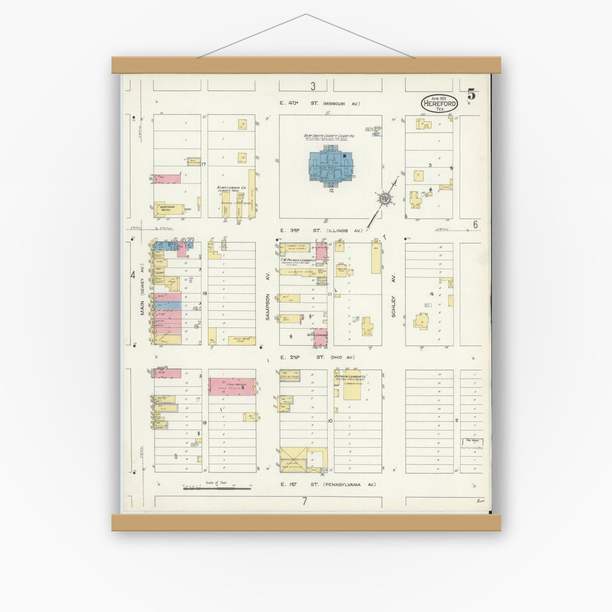 Old map wall art mockup — magnetic wood frame on white wall — Sanborn Fire Insurance Map from Hereford, Deaf Smith County, Texas (1913), Sheet #0005