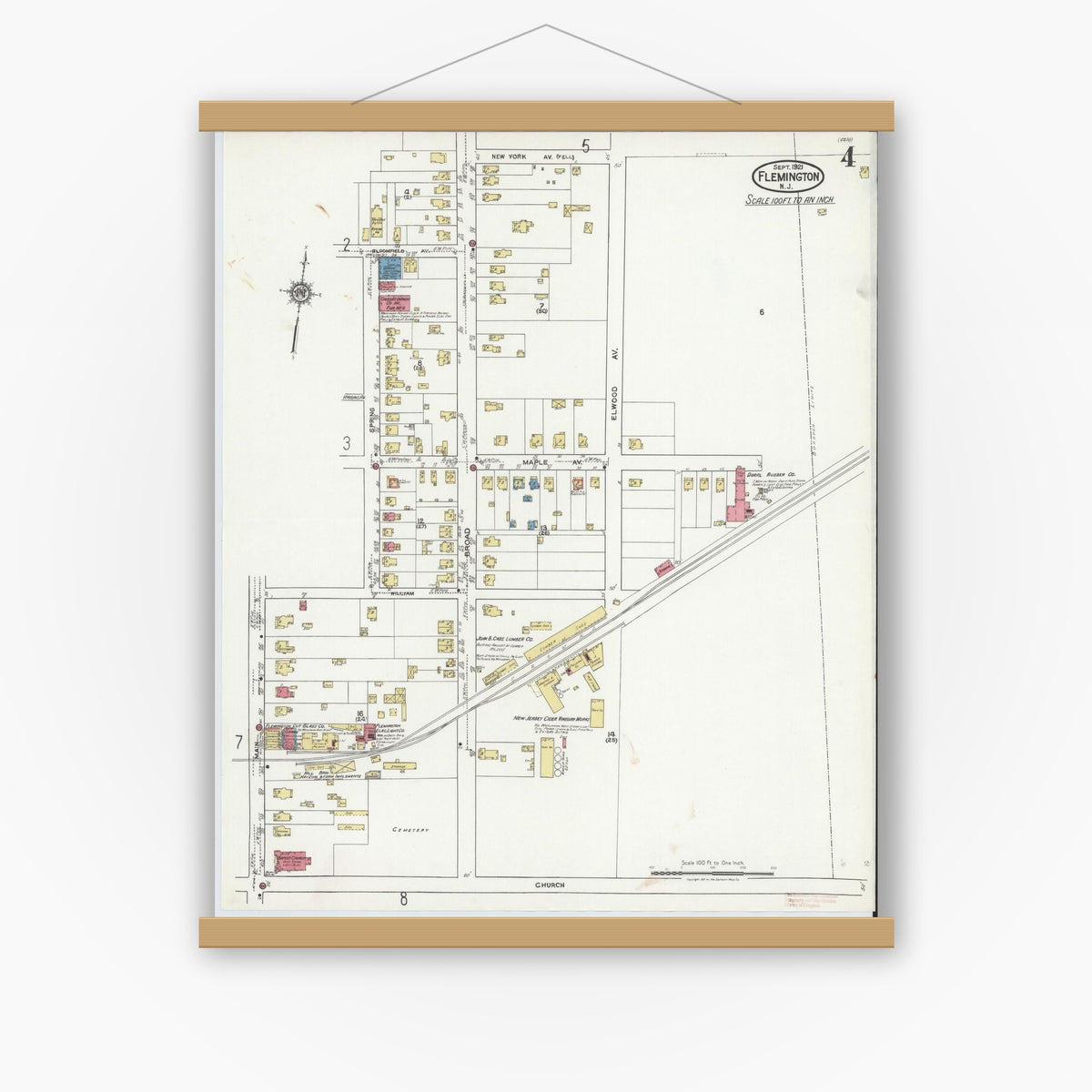 Old map wall art mockup — magnetic wood frame on white wall — Sanborn Fire Insurance Map from Flemington, Hunterdon County, New Jersey (1921), Sheet #0004