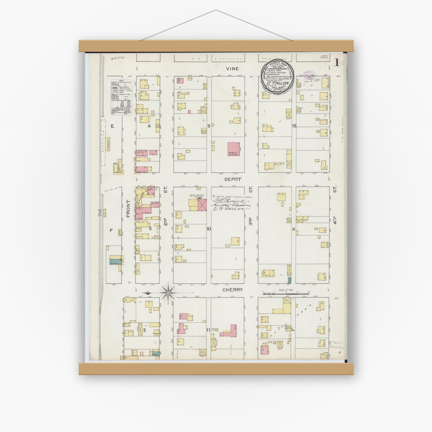 Old map wall art mockup — magnetic wood frame on white wall — Sanborn Fire Insurance Map from O'Fallon, Saint Clair County, Illinois (1893), Sheet #0001