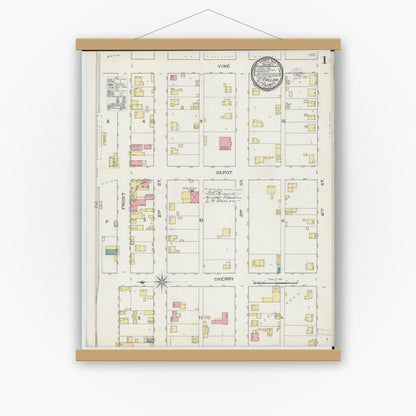 Old map wall art mockup — magnetic wood frame on white wall — Sanborn Fire Insurance Map from O'Fallon, Saint Clair County, Illinois (1893), Sheet #0001