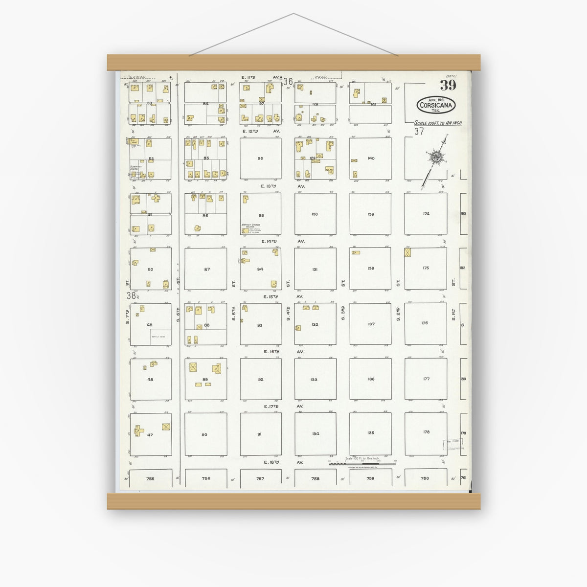Old map wall art mockup — magnetic wood frame on white wall — Sanborn Fire Insurance Map from Corsicana, Navarro County, Texas (1921), Sheet #0039