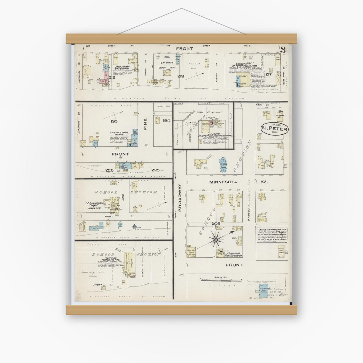 Old map wall art mockup — magnetic wood frame on white wall — Sanborn Fire Insurance Map from Saint Peter, Nicollet County, Minnesota (1885), Sheet #0003