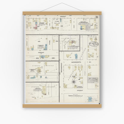 Old map wall art mockup — magnetic wood frame on white wall — Sanborn Fire Insurance Map from Saint Peter, Nicollet County, Minnesota (1885), Sheet #0003