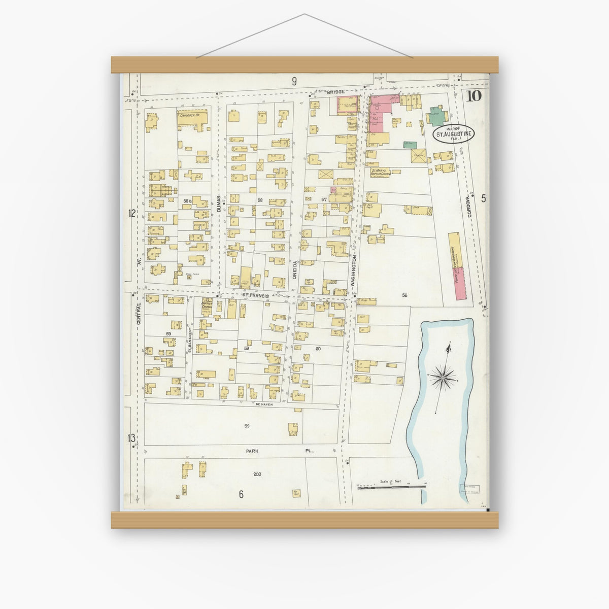 Old map wall art mockup — magnetic wood frame on white wall — Sanborn Fire Insurance Map from Saint Augustine, Saint John's County, Florida (1904), Sheet #0010