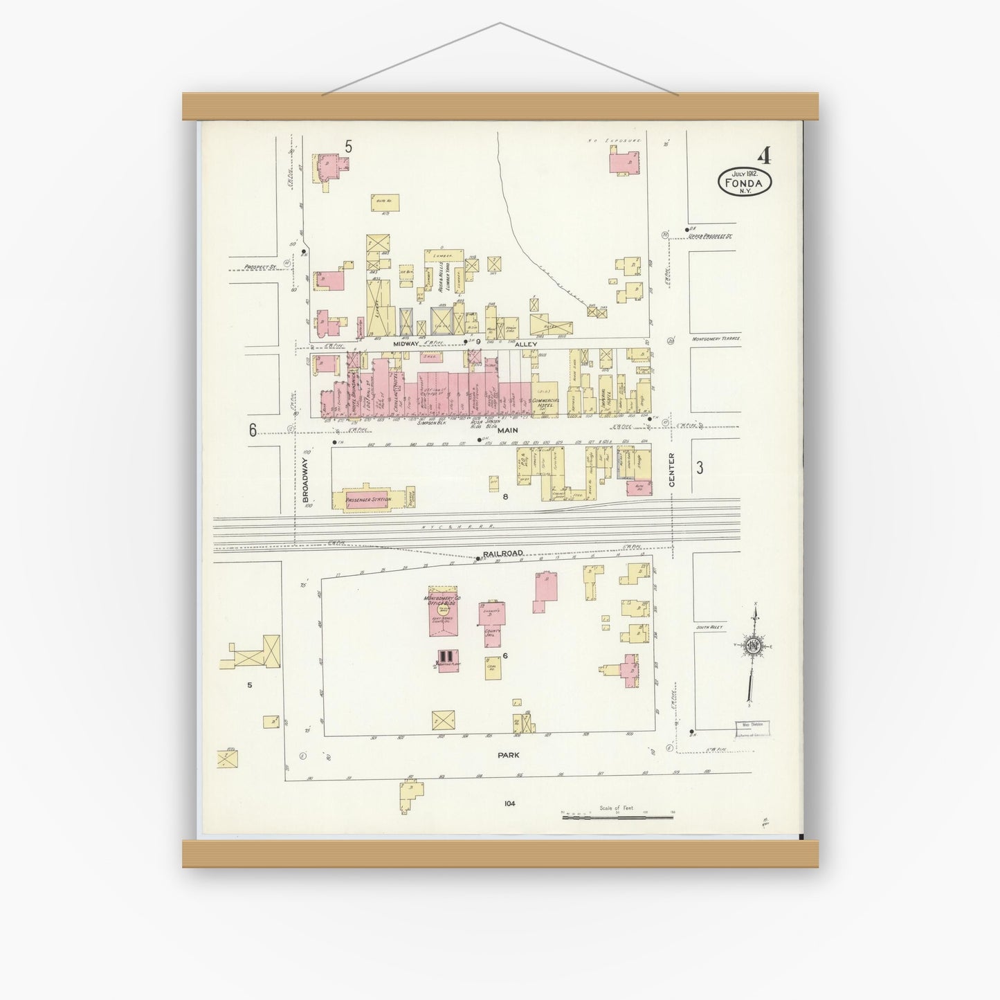Old map wall art mockup — magnetic wood frame on white wall — Sanborn Fire Insurance Map from Fonda, Montgomery County, New York (1912), Sheet #0004