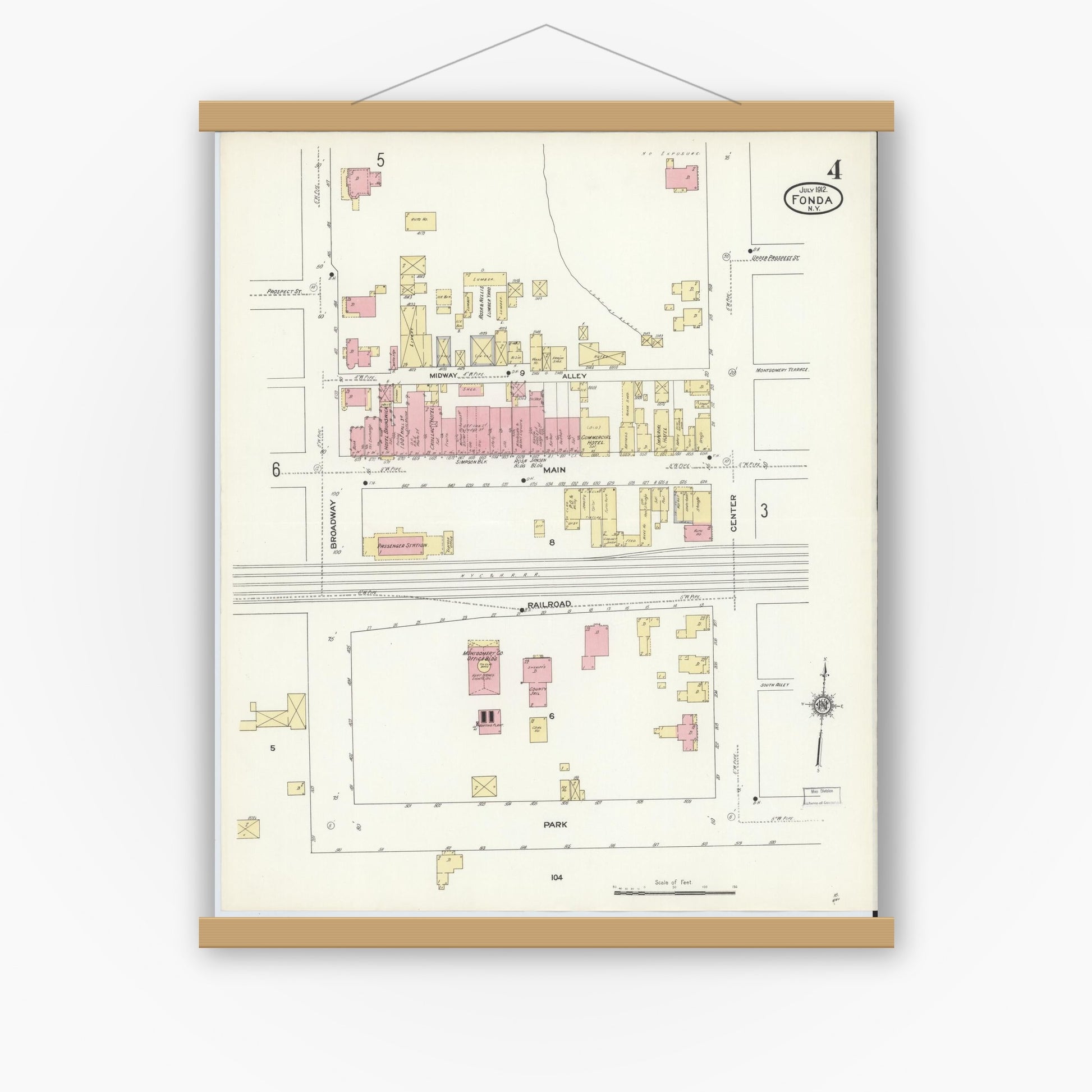 Old map wall art mockup — magnetic wood frame on white wall — Sanborn Fire Insurance Map from Fonda, Montgomery County, New York (1912), Sheet #0004