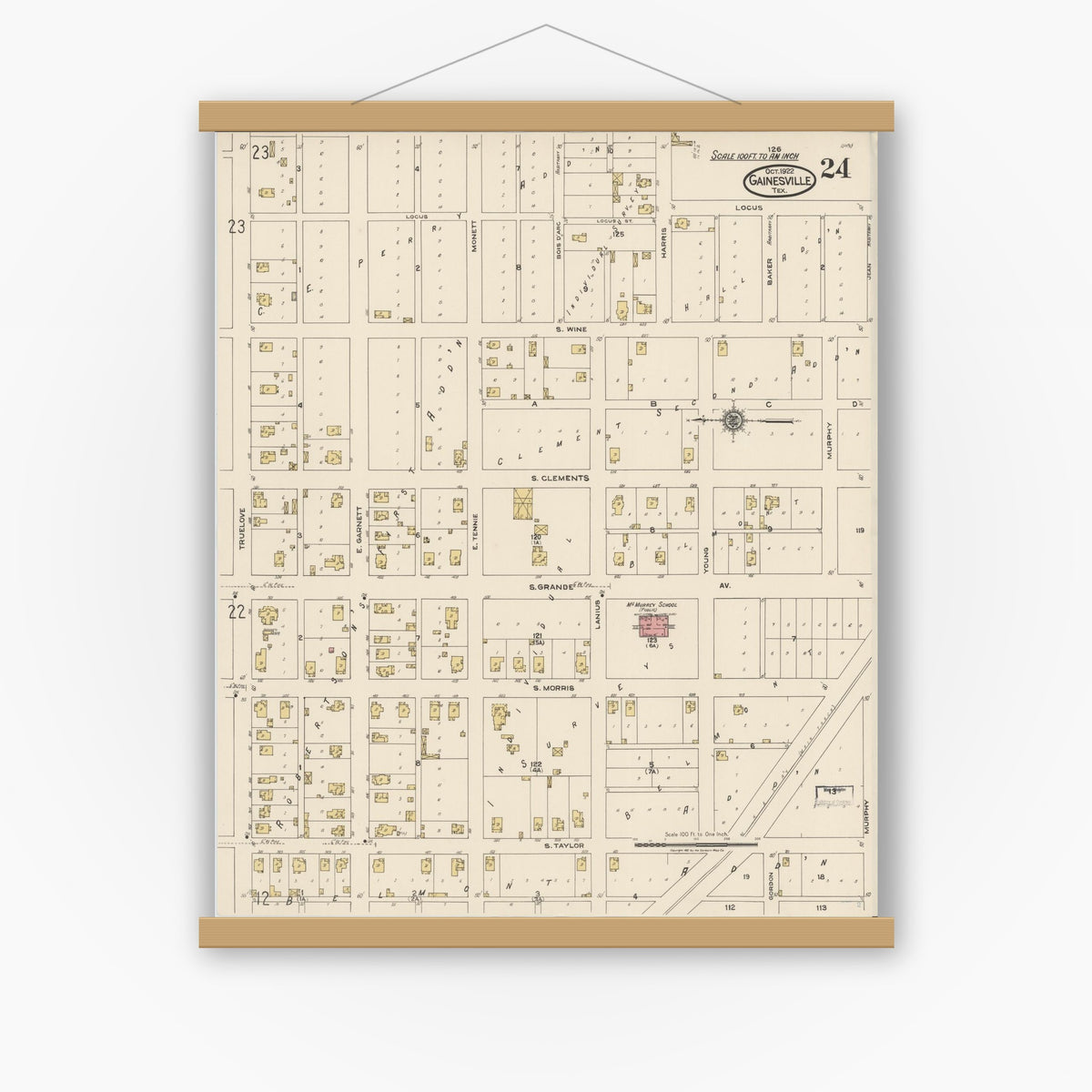 Old map wall art mockup — magnetic wood frame on white wall — Sanborn Fire Insurance Map from Gainesville, Cooke County, Texas (1922), Sheet #0024