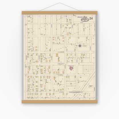 Old map wall art mockup — magnetic wood frame on white wall — Sanborn Fire Insurance Map from Gainesville, Cooke County, Texas (1922), Sheet #0024