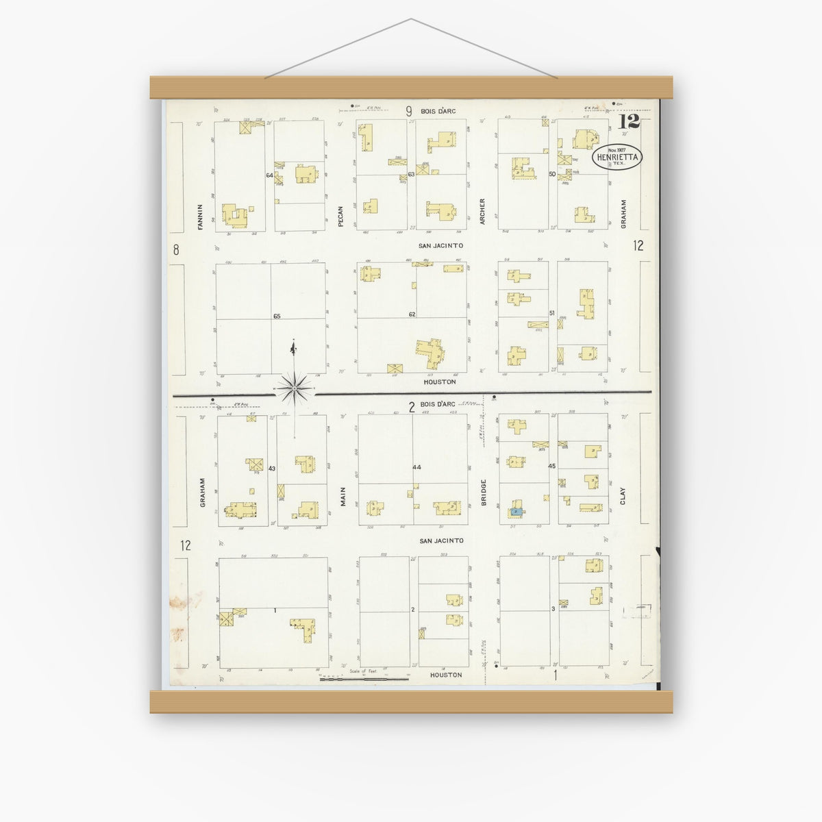 Old map wall art mockup — magnetic wood frame on white wall — Sanborn Fire Insurance Map from Henrietta, Clay County, Texas (1907), Sheet #0012