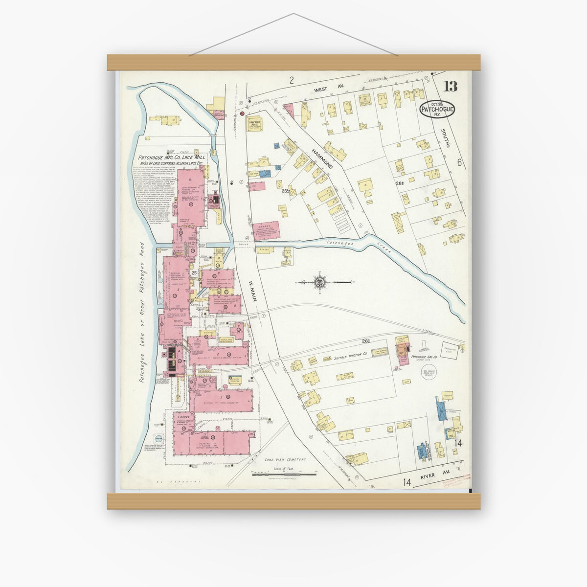 Old map wall art mockup — magnetic wood frame on white wall — Sanborn Fire Insurance Map from Patchogue, Suffolk County, New York (1916), Sheet #0013