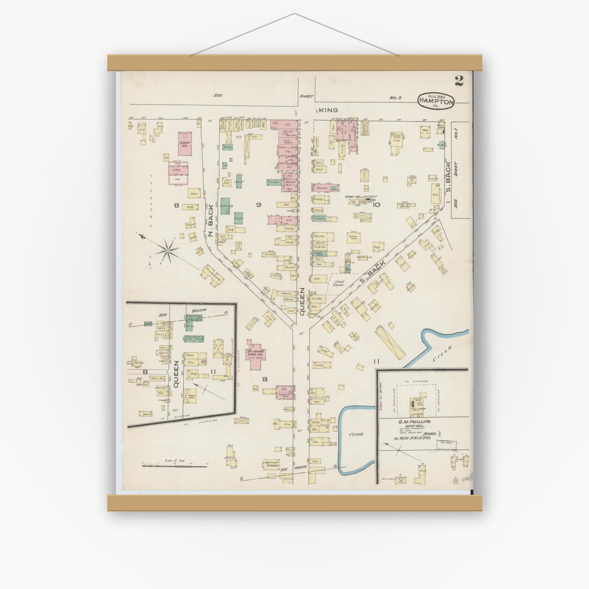 Old map wall art mockup — magnetic wood frame on white wall — Sanborn Fire Insurance Map from Hampton, Independent Cities, Virginia (1885), Sheet #0002