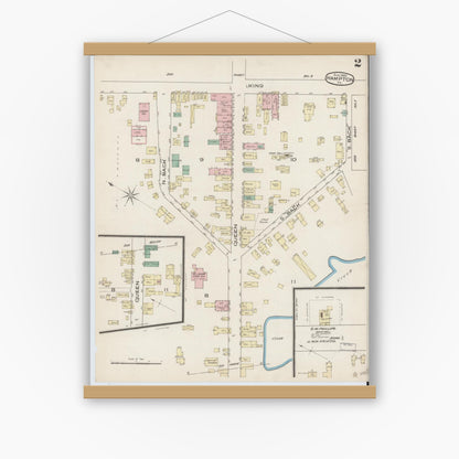 Old map wall art mockup — magnetic wood frame on white wall — Sanborn Fire Insurance Map from Hampton, Independent Cities, Virginia (1885), Sheet #0002