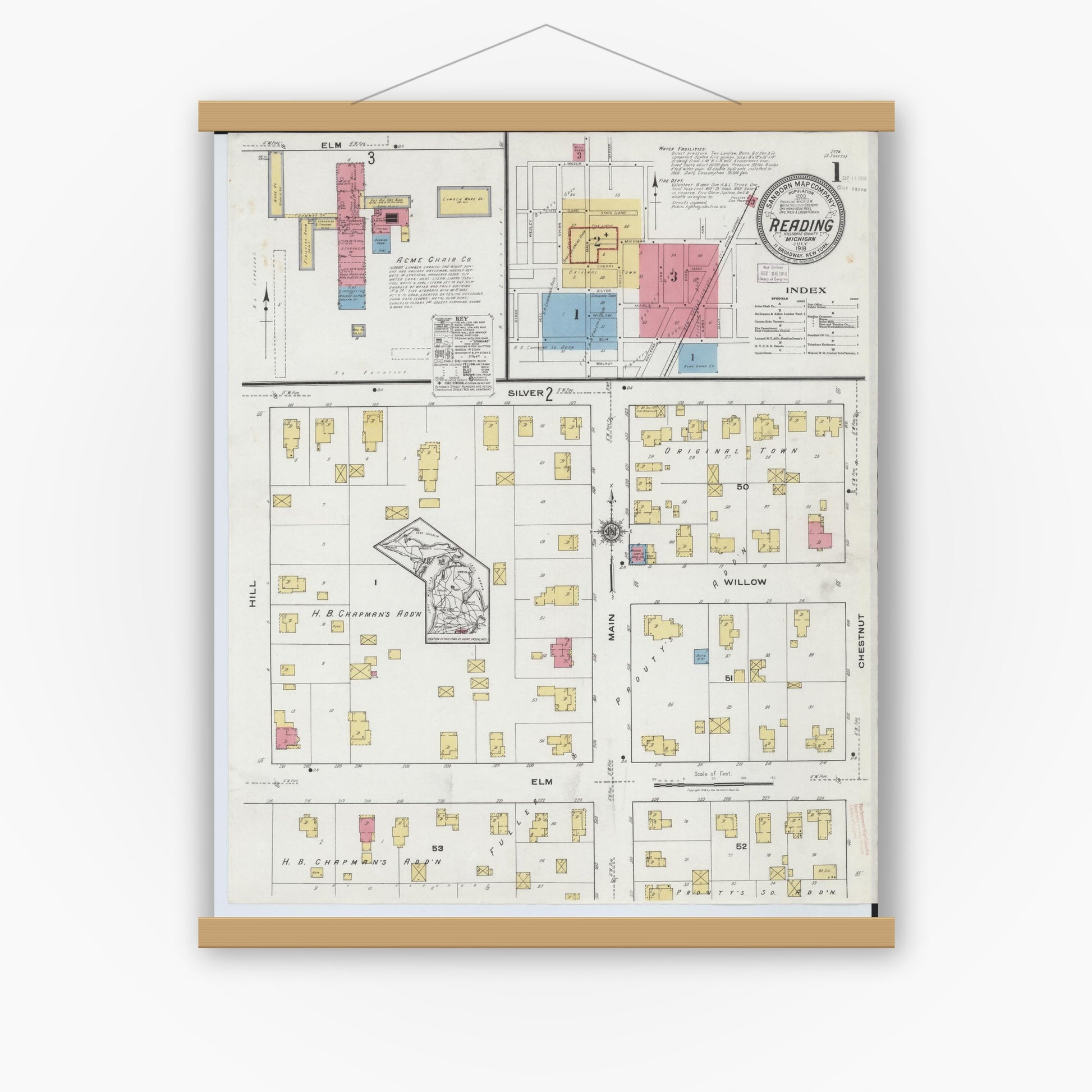 Old map wall art mockup — magnetic wood frame on white wall — Sanborn Fire Insurance Map from Reading, Hillsdale County, Michigan (1918) - Complete Map Set