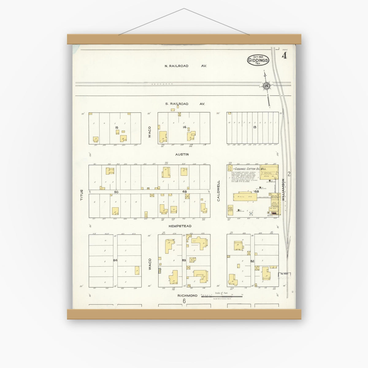 Old map wall art mockup — magnetic wood frame on white wall — Sanborn Fire Insurance Map from Giddings, Lee County, Texas (1921), Sheet #0004