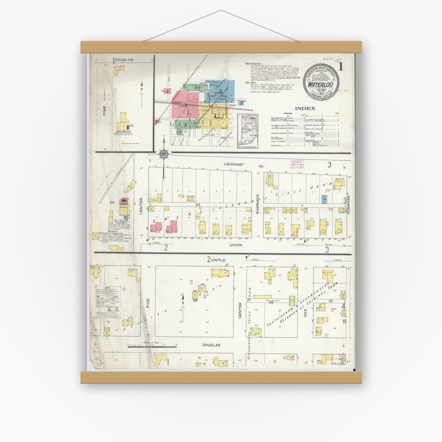 Old map wall art mockup — magnetic wood frame on white wall — Sanborn Fire Insurance Map from Waterloo, De Kalb County, Indiana (1914), Sheet #0001
