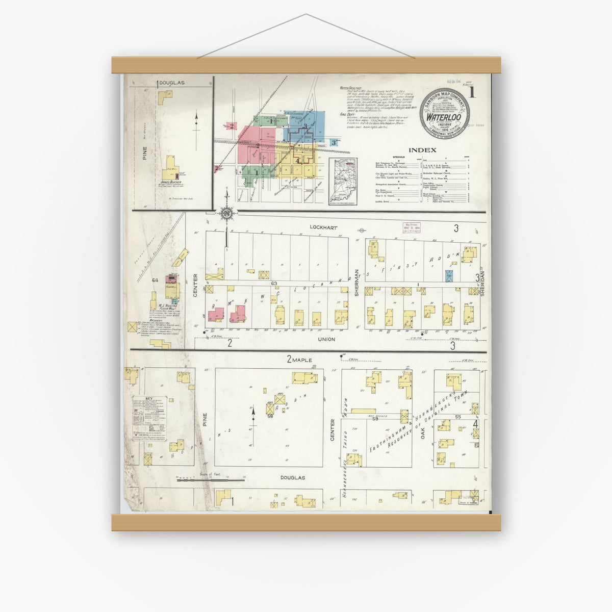 Old map wall art mockup — magnetic wood frame on white wall — Sanborn Fire Insurance Map from Waterloo, De Kalb County, Indiana (1914), Sheet #0001