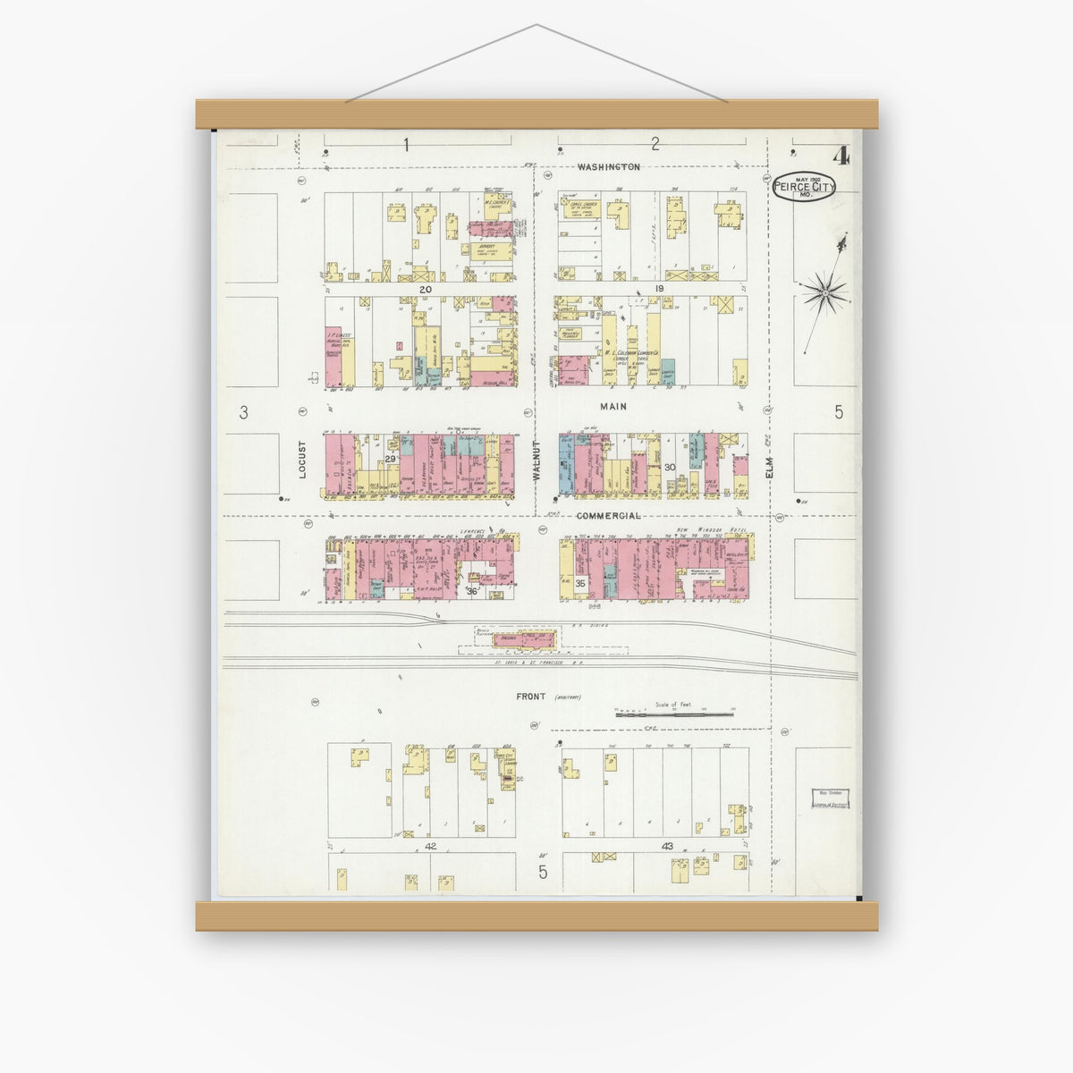 Old map wall art mockup — magnetic wood frame on white wall — Sanborn Fire Insurance Map from Pierce City, Lawrence County, Missouri (1902), Sheet #0004