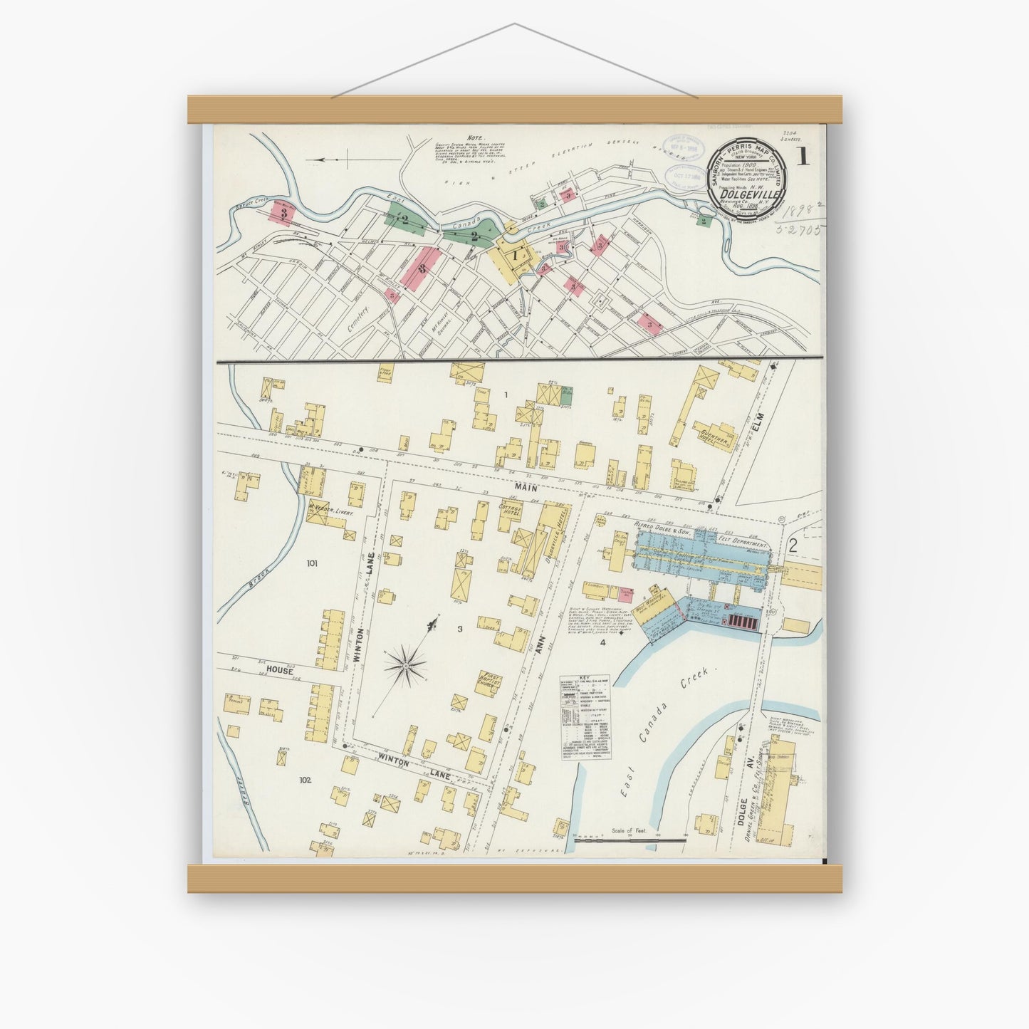 Old map wall art mockup — magnetic wood frame on white wall — Sanborn Fire Insurance Map from Dolgeville, Hirkimer County, New York (1898), Sheet #0001