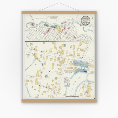 Old map wall art mockup — magnetic wood frame on white wall — Sanborn Fire Insurance Map from Dolgeville, Hirkimer County, New York (1898), Sheet #0001