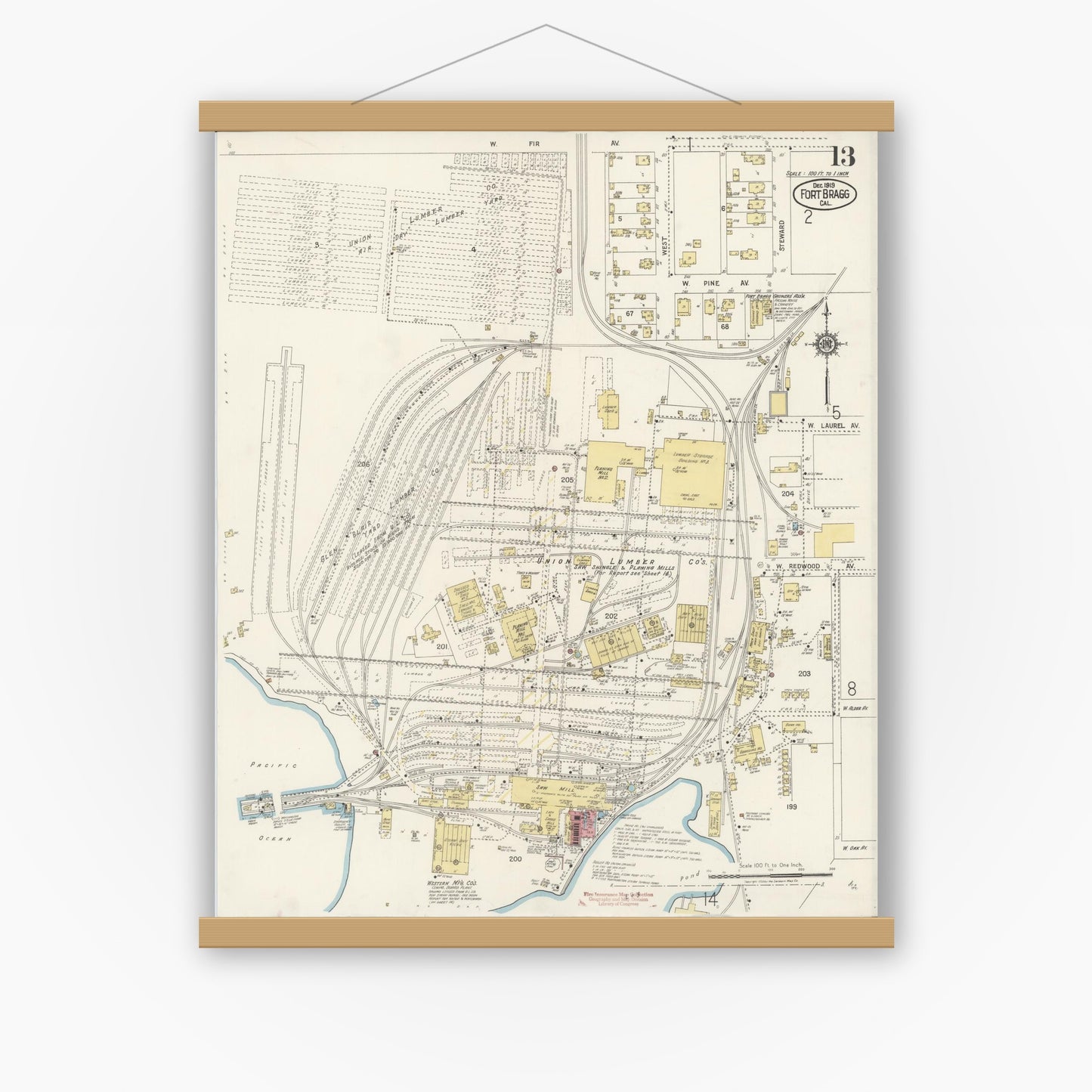 Old map wall art mockup — magnetic wood frame on white wall — Sanborn Fire Insurance Map from Fort Bragg, Mendocino County, California (1919), Sheet #0013