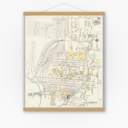 Old map wall art mockup — magnetic wood frame on white wall — Sanborn Fire Insurance Map from Fort Bragg, Mendocino County, California (1919), Sheet #0013