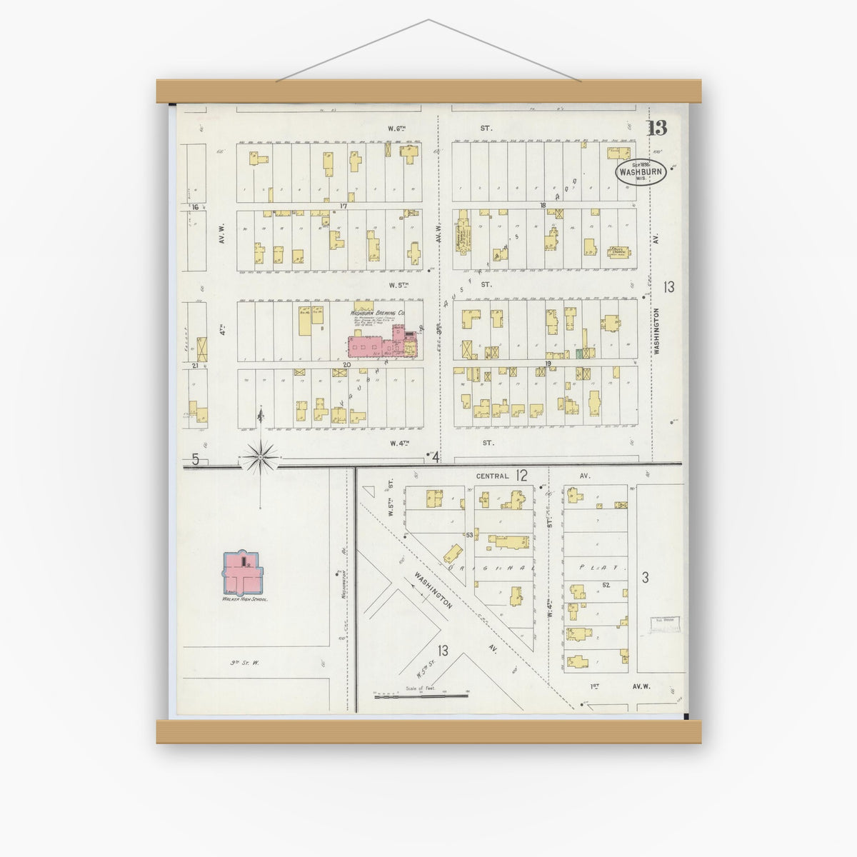 Old map wall art mockup — magnetic wood frame on white wall — Sanborn Fire Insurance Map from Washburn, Bayfield County, Wisconsin (1898), Sheet #0013