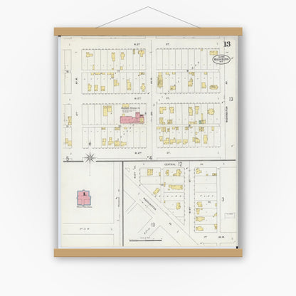 Old map wall art mockup — magnetic wood frame on white wall — Sanborn Fire Insurance Map from Washburn, Bayfield County, Wisconsin (1898), Sheet #0013