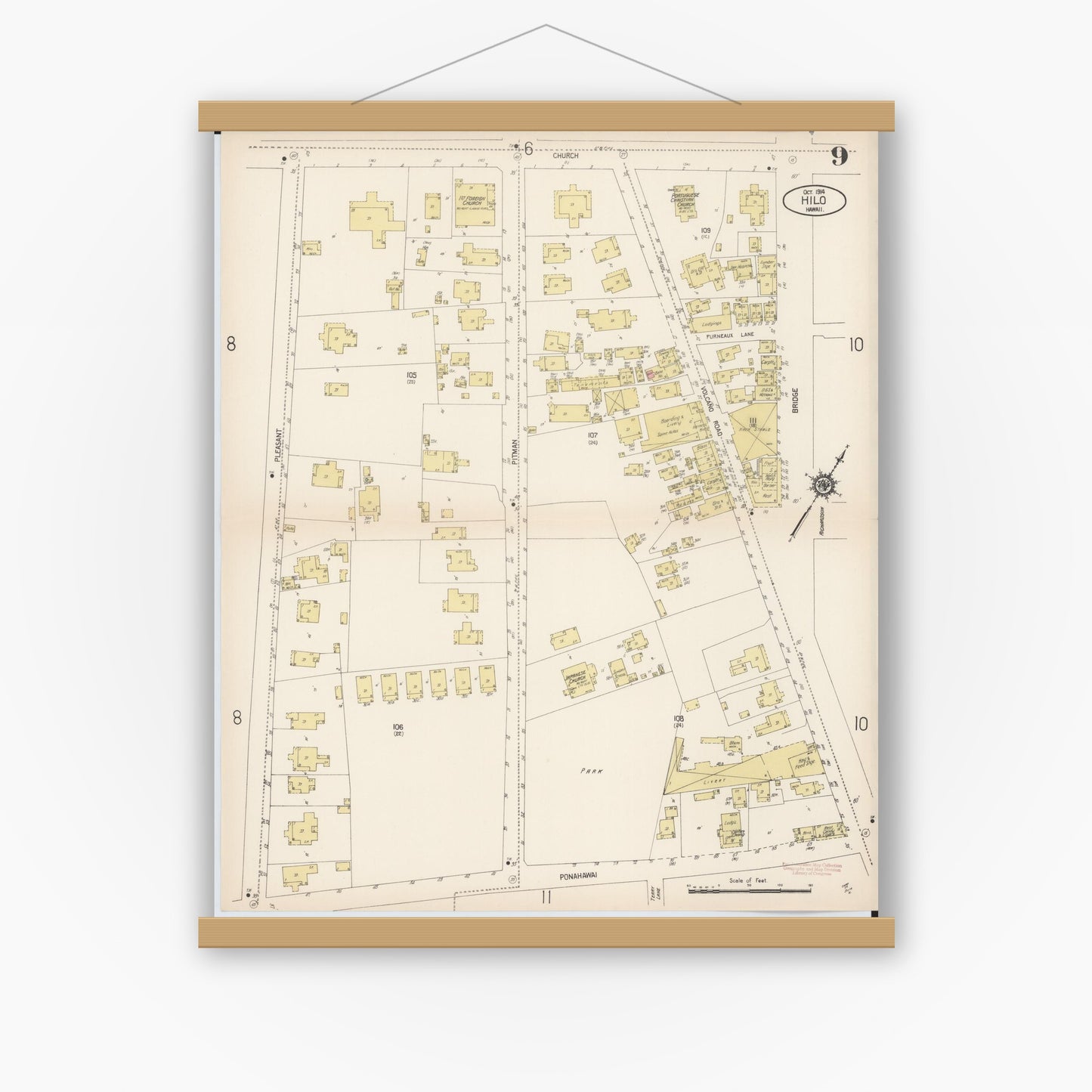 Old map wall art mockup — magnetic wood frame on white wall — Sanborn Fire Insurance Map from Hilo, Hawaii County, Hawaii (1914), Sheet #0009