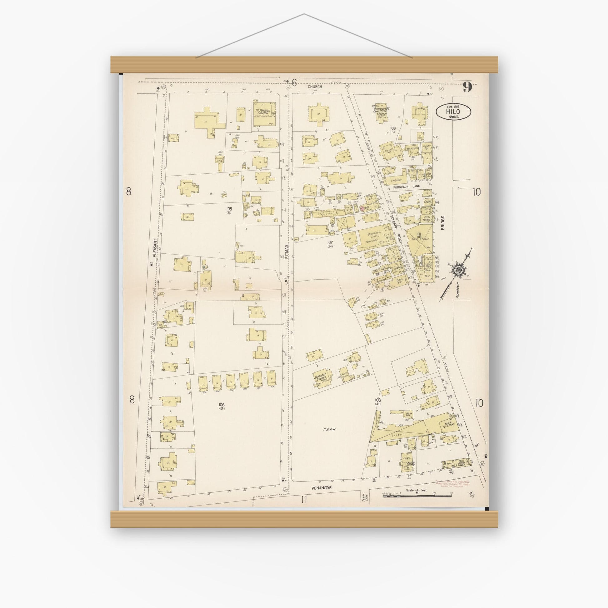 Old map wall art mockup — magnetic wood frame on white wall — Sanborn Fire Insurance Map from Hilo, Hawaii County, Hawaii (1914), Sheet #0009