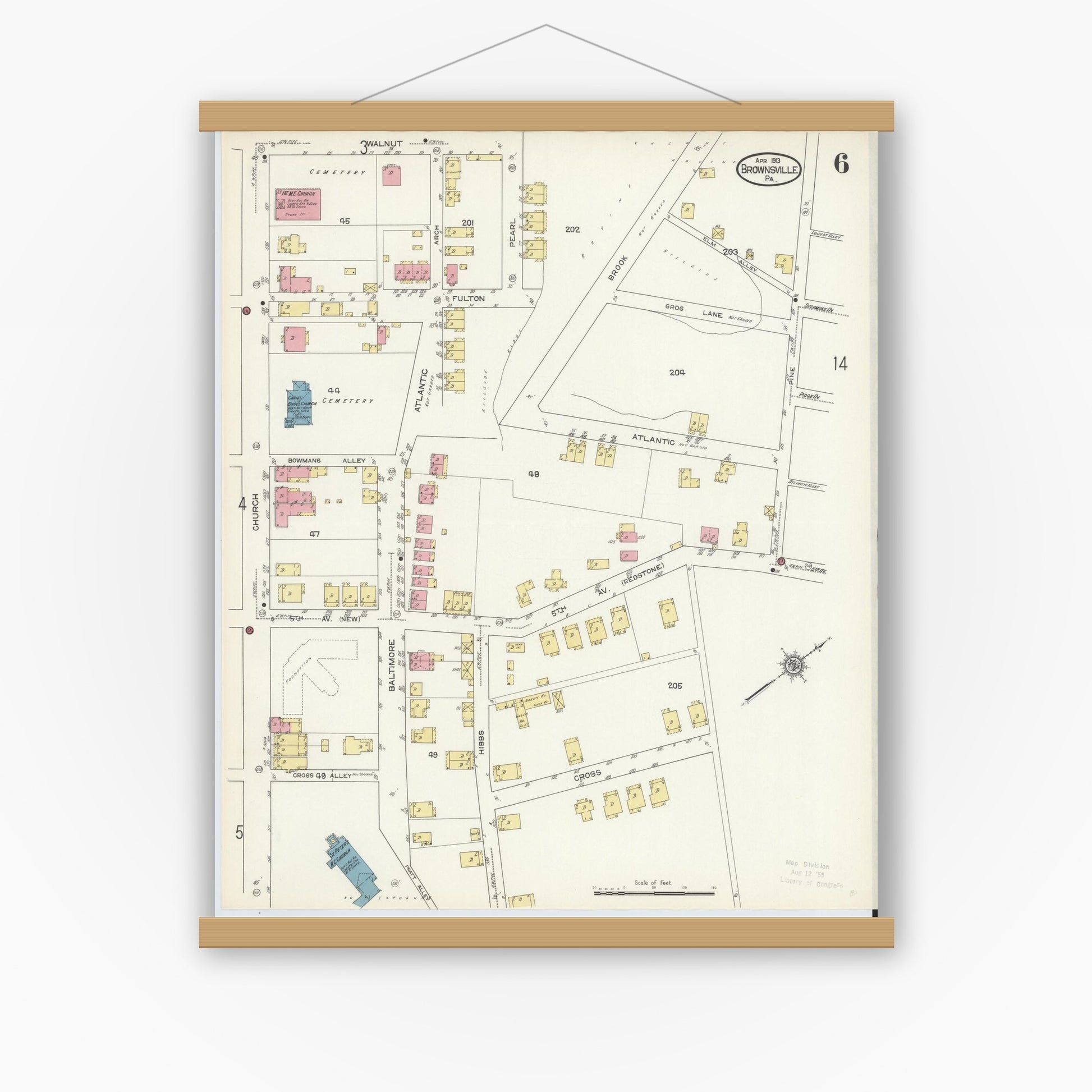 Old map wall art mockup — magnetic wood frame on white wall — Sanborn Fire Insurance Map from Brownsville, Fayette County, Pennsylvania (1913), Sheet #0006