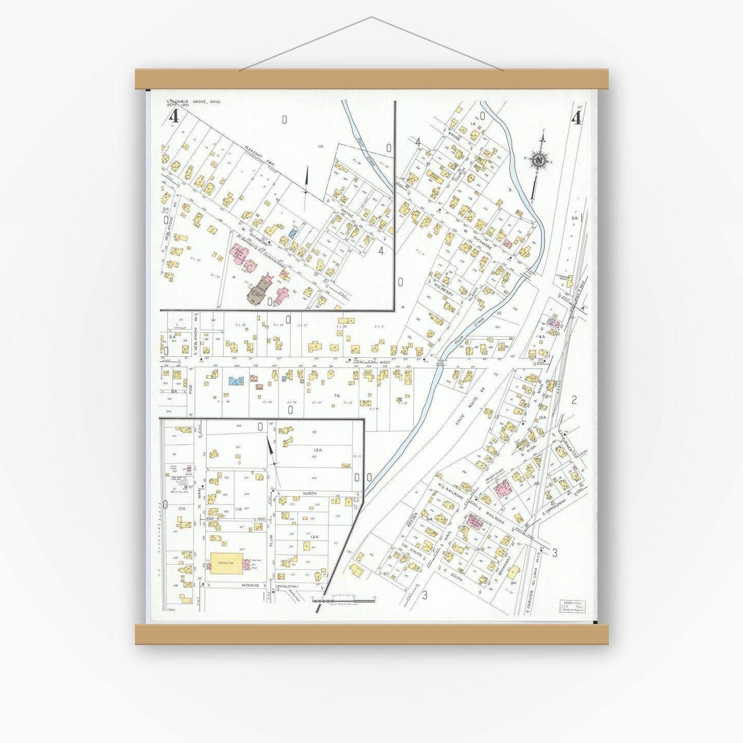 Old map wall art mockup — magnetic wood frame on white wall — Sanborn Fire Insurance Map from Columbus Grove, Putnam County, Ohio (1951), Sheet #0004
