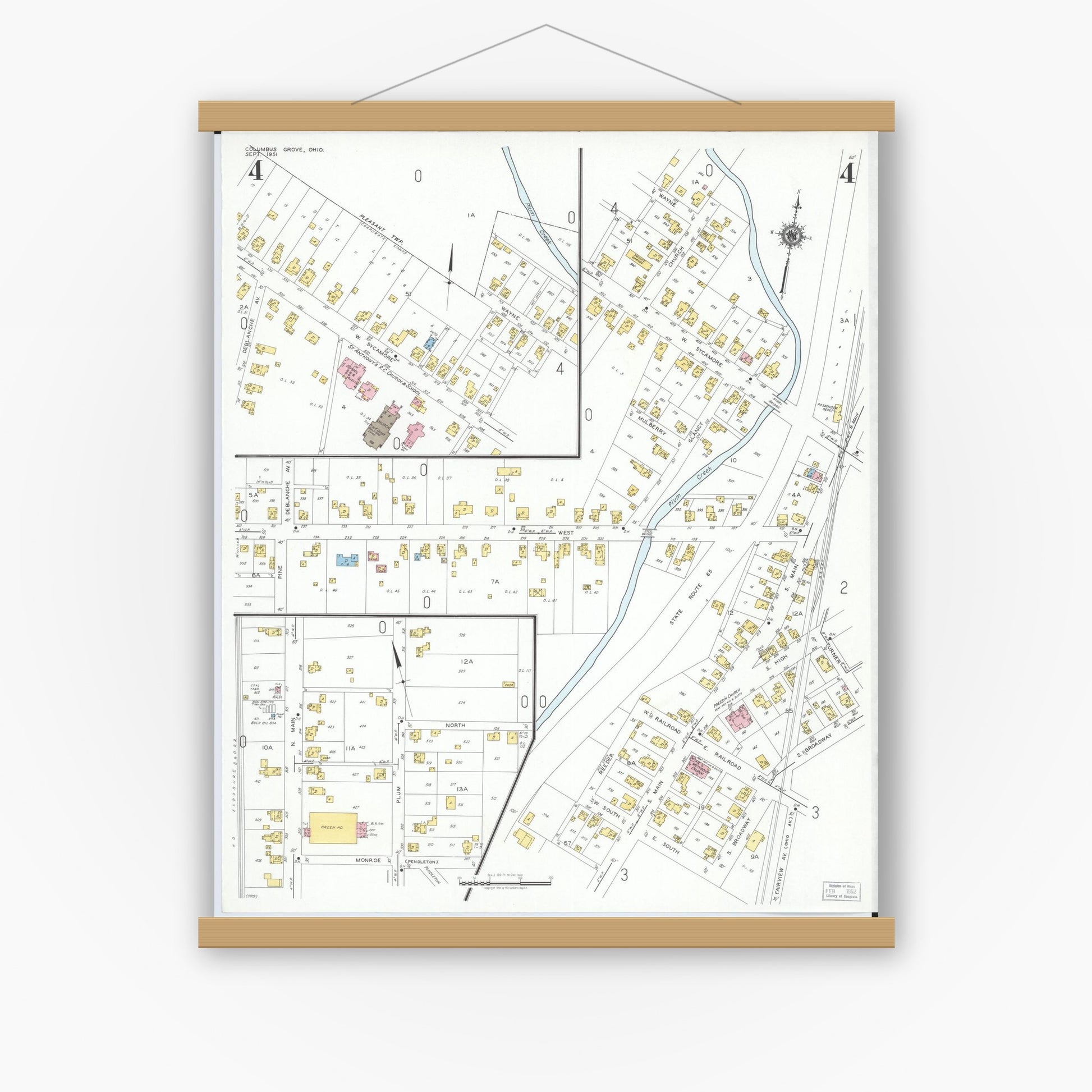 Old map wall art mockup — magnetic wood frame on white wall — Sanborn Fire Insurance Map from Columbus Grove, Putnam County, Ohio (1951), Sheet #0004