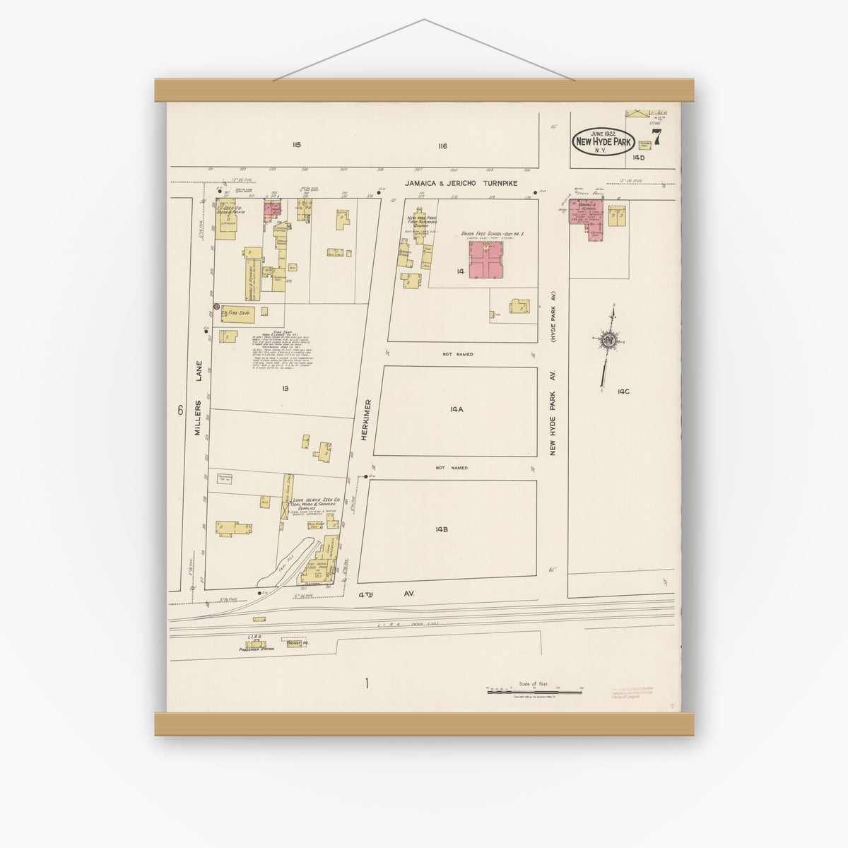 Old map wall art mockup — magnetic wood frame on white wall — Sanborn Fire Insurance Map from New Hyde Park, Nassau County, New York (1922), Sheet #0007