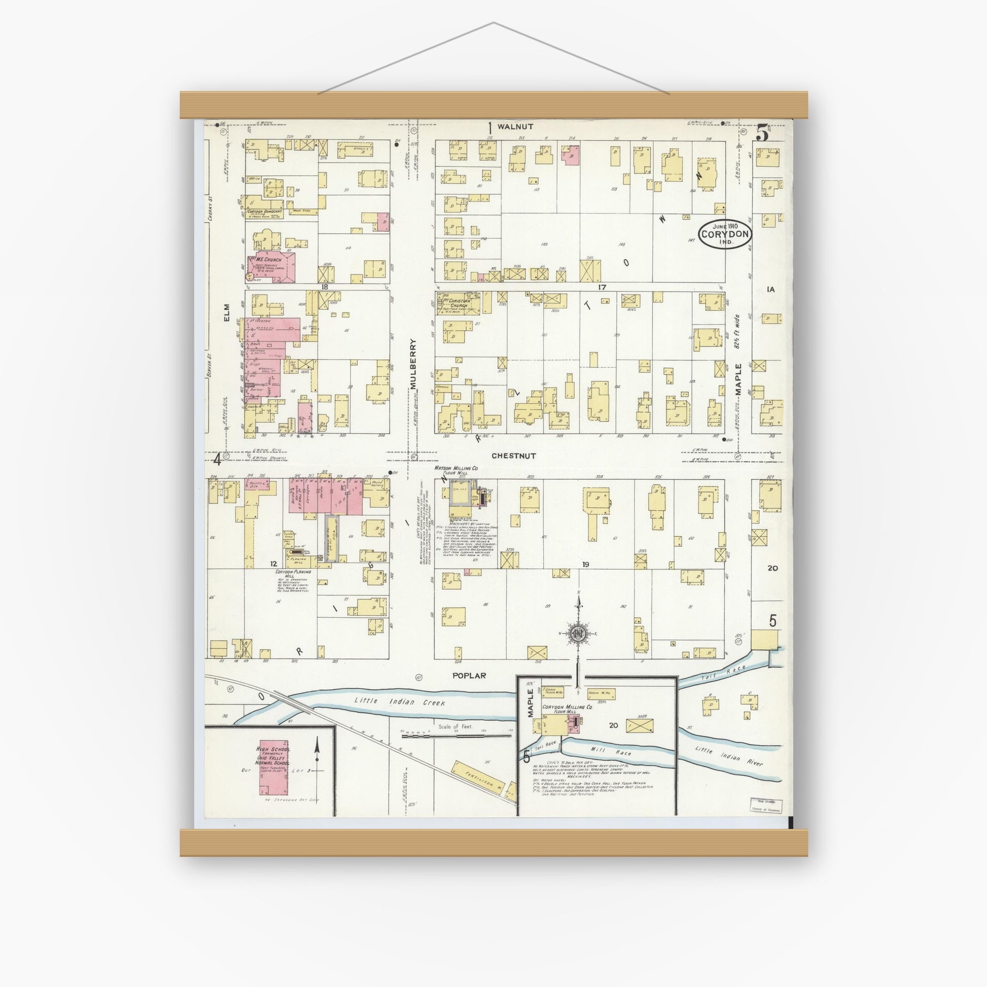 Old map wall art mockup — magnetic wood frame on white wall — Sanborn Fire Insurance Map from Corydon, Harrison County, Indiana (1910), Sheet #0005