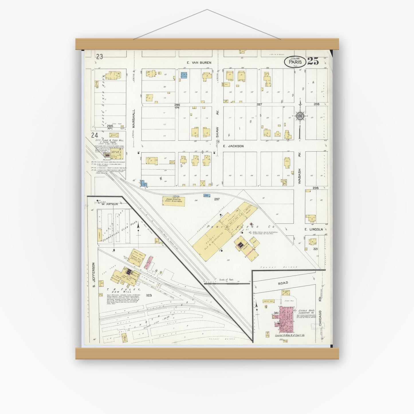 Old map wall art mockup — magnetic wood frame on white wall — Sanborn Fire Insurance Map from Paris, Edgar County, Illinois (1916), Sheet #0025