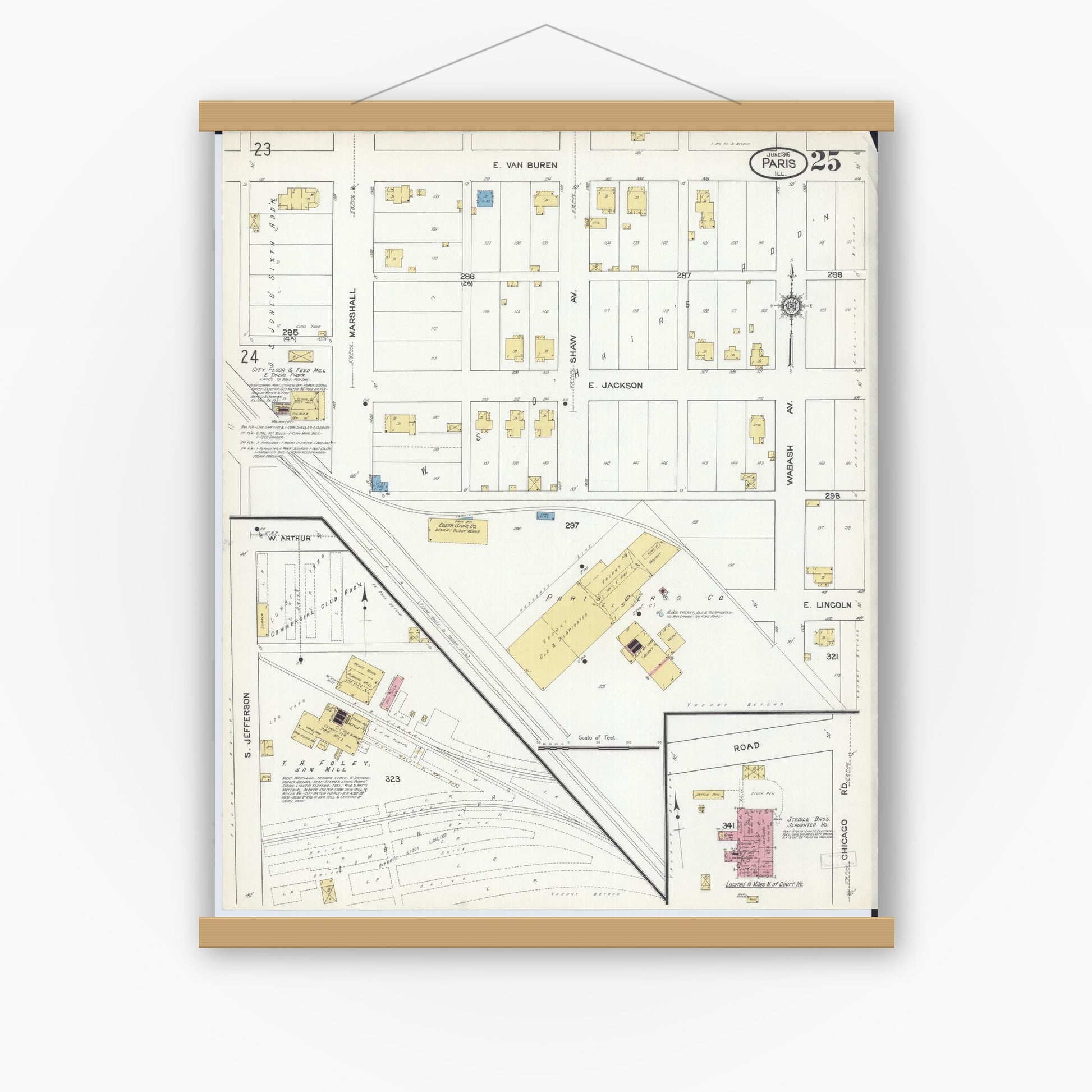 Old map wall art mockup — magnetic wood frame on white wall — Sanborn Fire Insurance Map from Paris, Edgar County, Illinois (1916), Sheet #0025