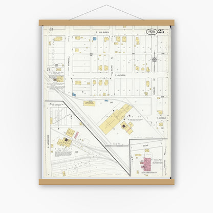 Old map wall art mockup — magnetic wood frame on white wall — Sanborn Fire Insurance Map from Paris, Edgar County, Illinois (1916), Sheet #0025
