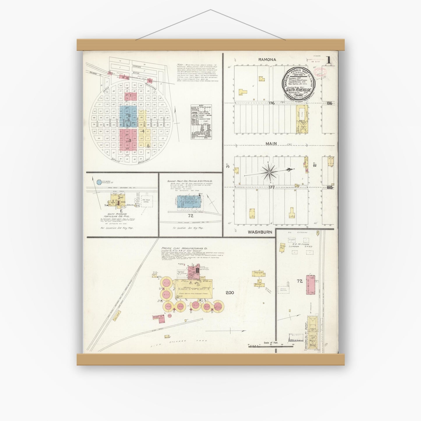 Old map wall art mockup — magnetic wood frame on white wall — Sanborn Fire Insurance Map from South Riverside, Riverside County, California (1895) - Complete Map Set
