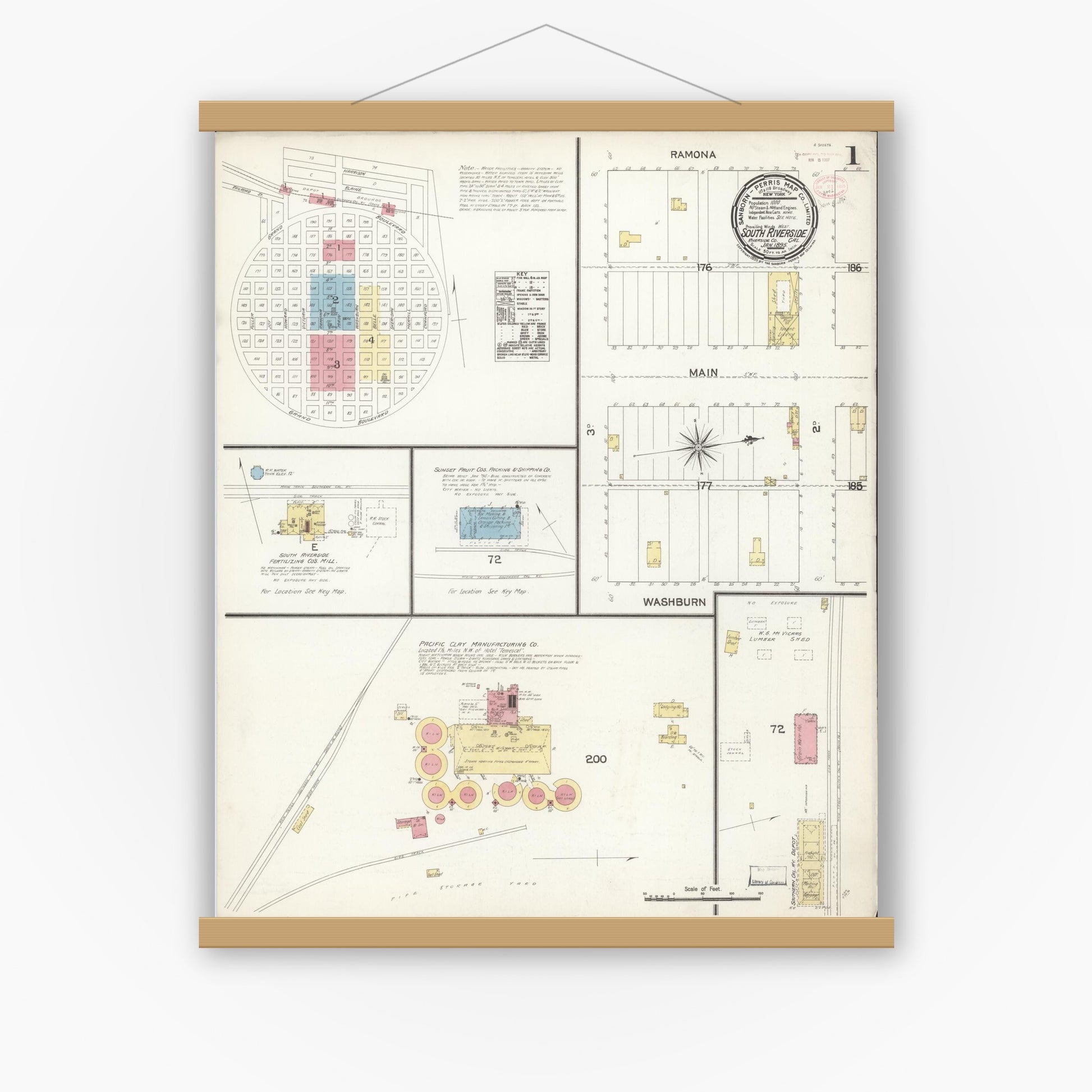 Old map wall art mockup — magnetic wood frame on white wall — Sanborn Fire Insurance Map from South Riverside, Riverside County, California (1895) - Complete Map Set