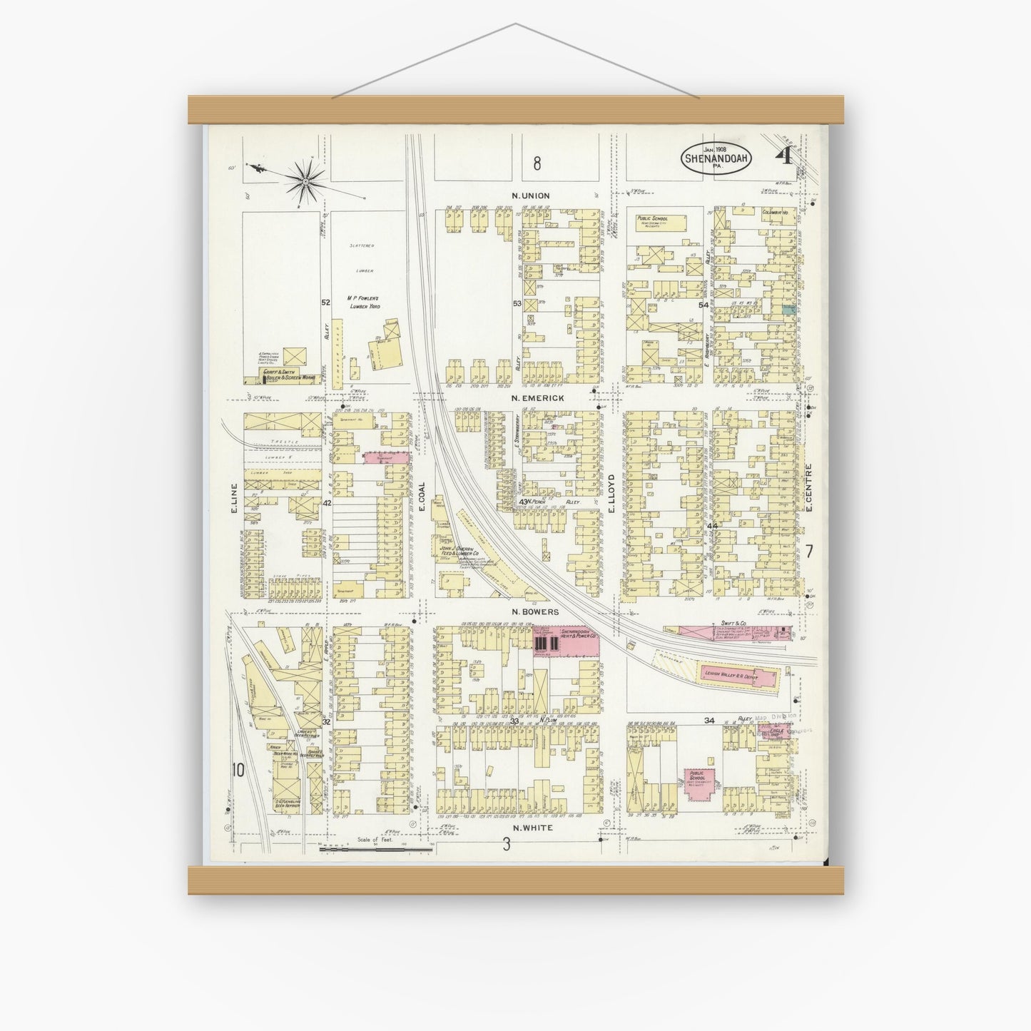 Old map wall art mockup — magnetic wood frame on white wall — Sanborn Fire Insurance Map from Shenandoah, Schuylkill County, Pennsylvania (1908), Sheet #0004