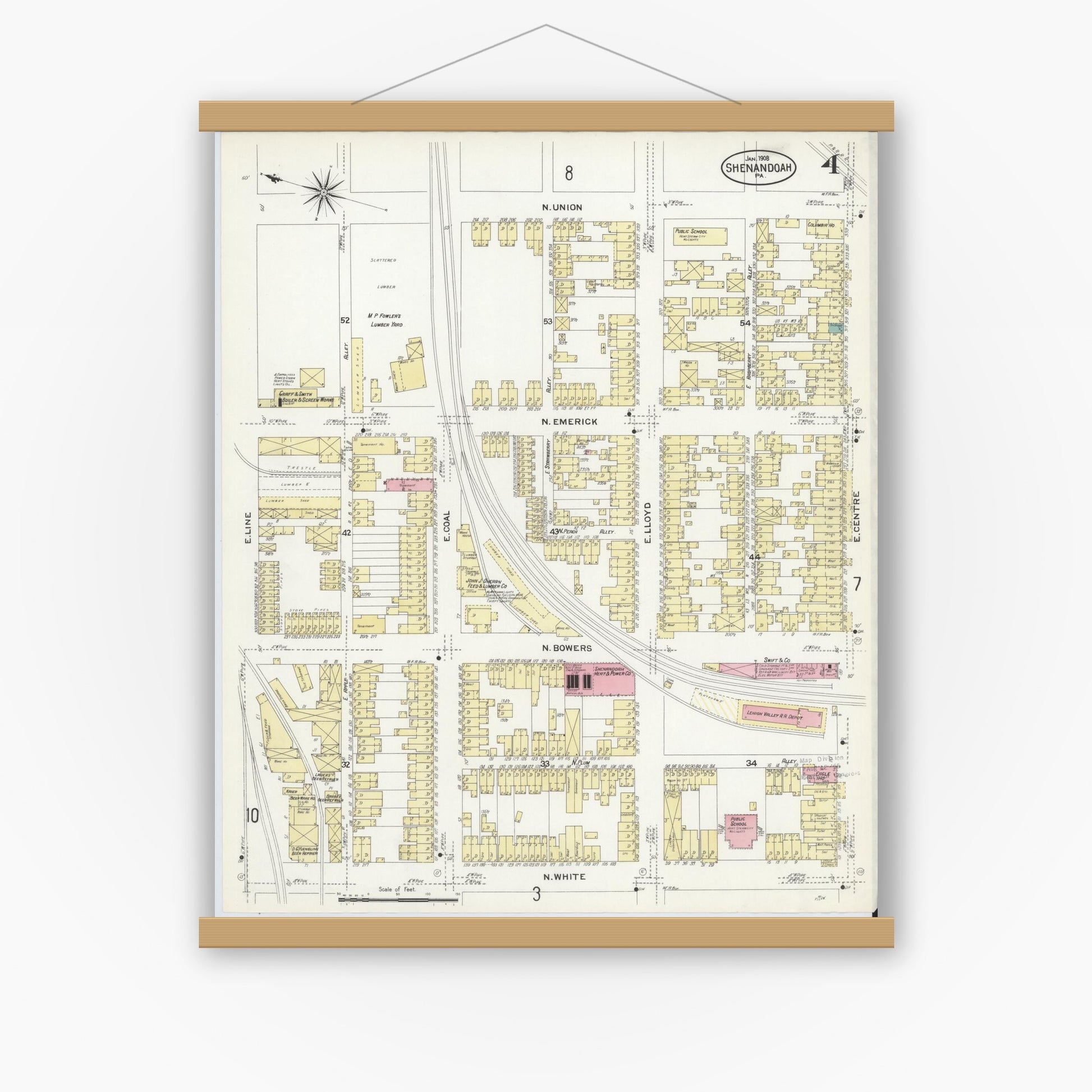 Old map wall art mockup — magnetic wood frame on white wall — Sanborn Fire Insurance Map from Shenandoah, Schuylkill County, Pennsylvania (1908), Sheet #0004