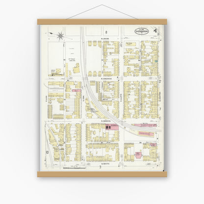Old map wall art mockup — magnetic wood frame on white wall — Sanborn Fire Insurance Map from Shenandoah, Schuylkill County, Pennsylvania (1908), Sheet #0004