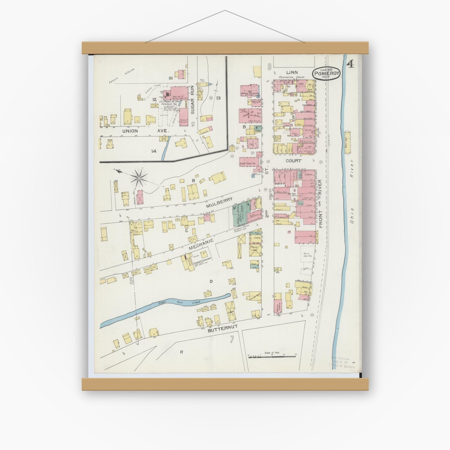 Old map wall art mockup — magnetic wood frame on white wall — Sanborn Fire Insurance Map from Pomeroy, Meigs County, Ohio (1893), Sheet #0004