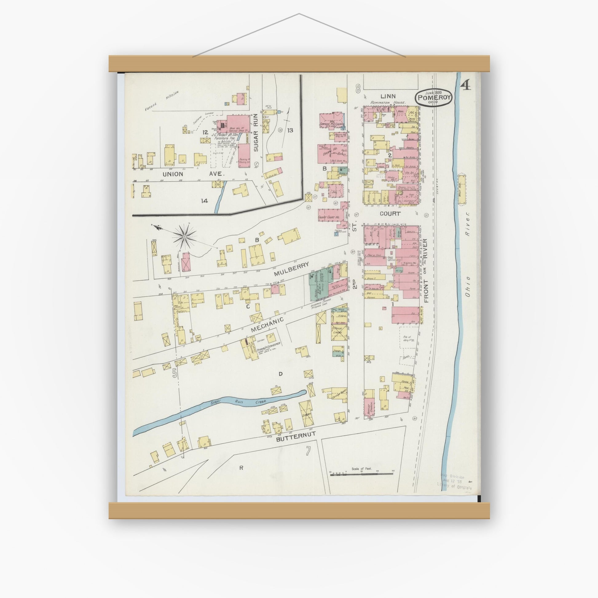 Old map wall art mockup — magnetic wood frame on white wall — Sanborn Fire Insurance Map from Pomeroy, Meigs County, Ohio (1893), Sheet #0004