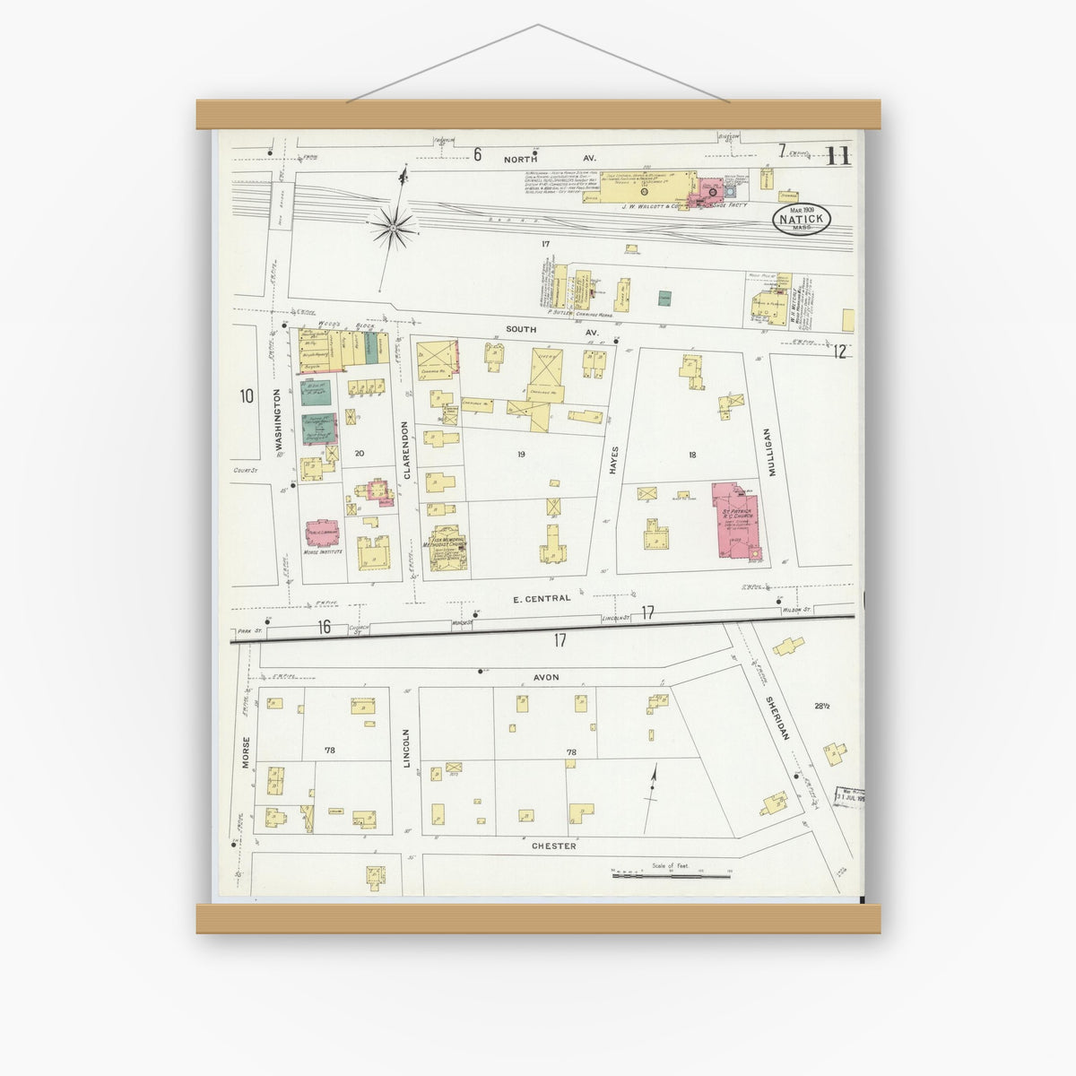 Old map wall art mockup — magnetic wood frame on white wall — Sanborn Fire Insurance Map from Natick, Middlesex County, Massachusetts (1909), Sheet #0011