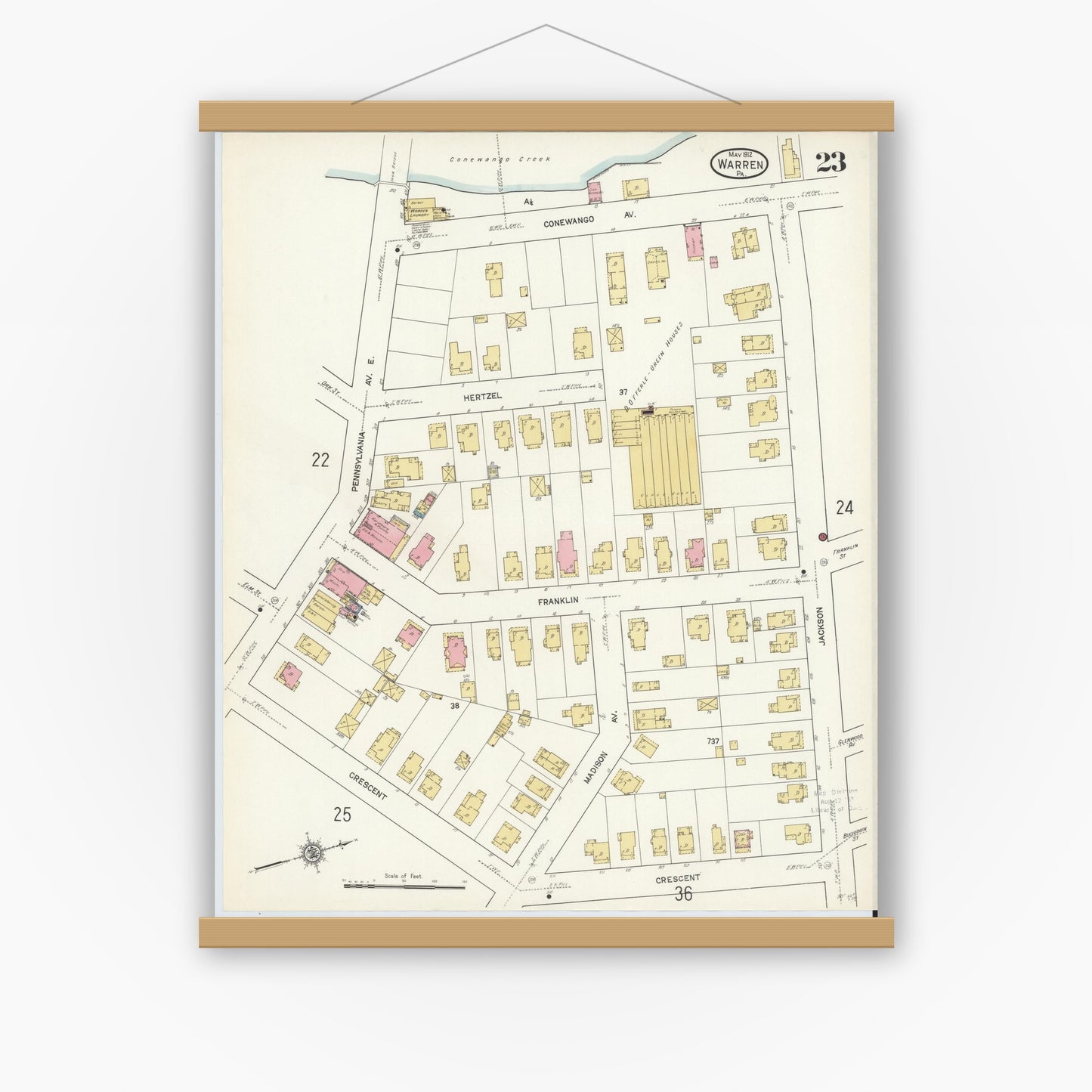 Old map wall art mockup — magnetic wood frame on white wall — Sanborn Fire Insurance Map from Warren, Warren County, Pennsylvania (1912), Sheet #0023